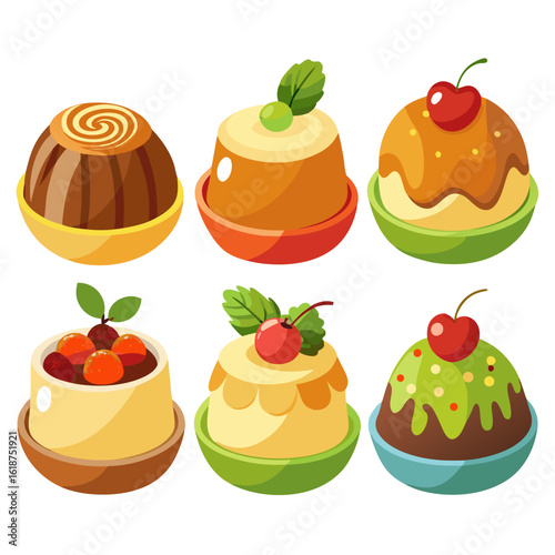 A vibrant collection of six stylized dessert puddings each uniquely decorated with toppings like cherries mint leaves and colorful glazes presented in a playful and