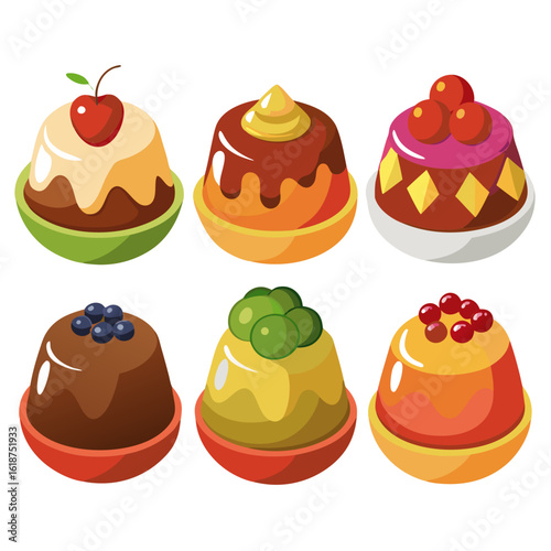 A colorful assortment of six cartoon style desserts each a unique flavor and design featuring various fruits and toppings all presented in individual bowls against