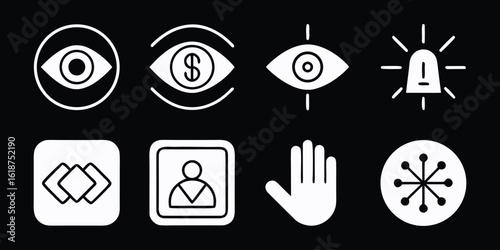 Vector art of set of icons representing vision, finance, security, and user interaction.