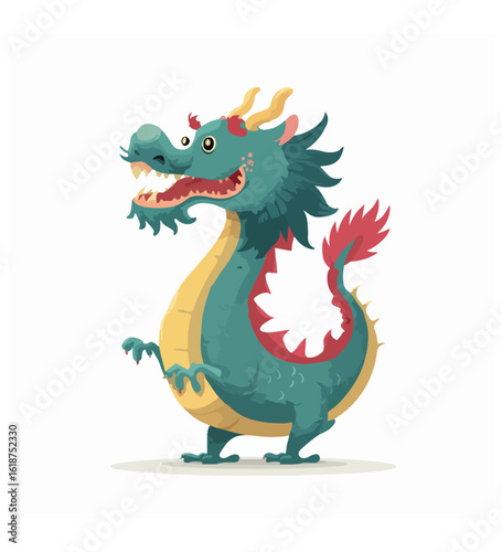 Cute teal dragon with yellow belly and red accents standing mythical creature fantasy