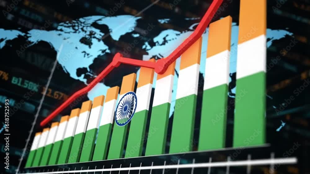economic growth india, Rising bar graph animation over Indian flag showing financial development investment opportunity and market expansion