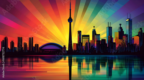Colorful Pixel Art Skyline Of Toronto At Sunrise