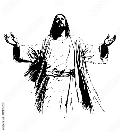 Jesus Christ with arms outstretched in black and white illustration religious spiritual