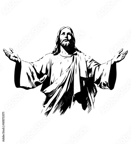 Jesus Christ with outstretched arms in black and white illustration Christianity religion