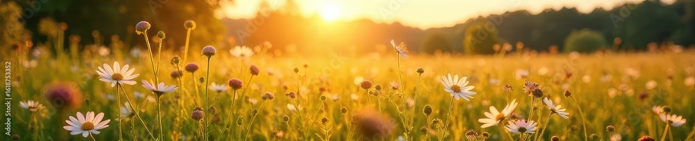 Fototapeta premium Golden hour sunlight bathes a vibrant summer field, wildflowers in bloom, swaying gently in the breeze A tranquil scene of rural beauty, perfect for summer themes , warm, colorful, plants