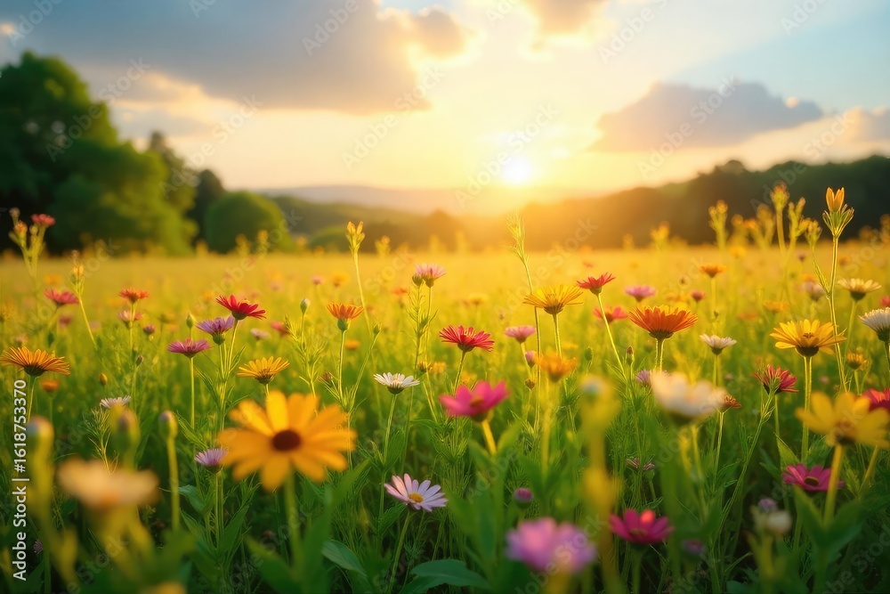 Obraz premium Golden hour sunlight bathes a vibrant summer field, wildflowers swaying gently in the breeze A tranquil scene perfect for relaxation and reflecting on nature's beauty , countryside, bloom
