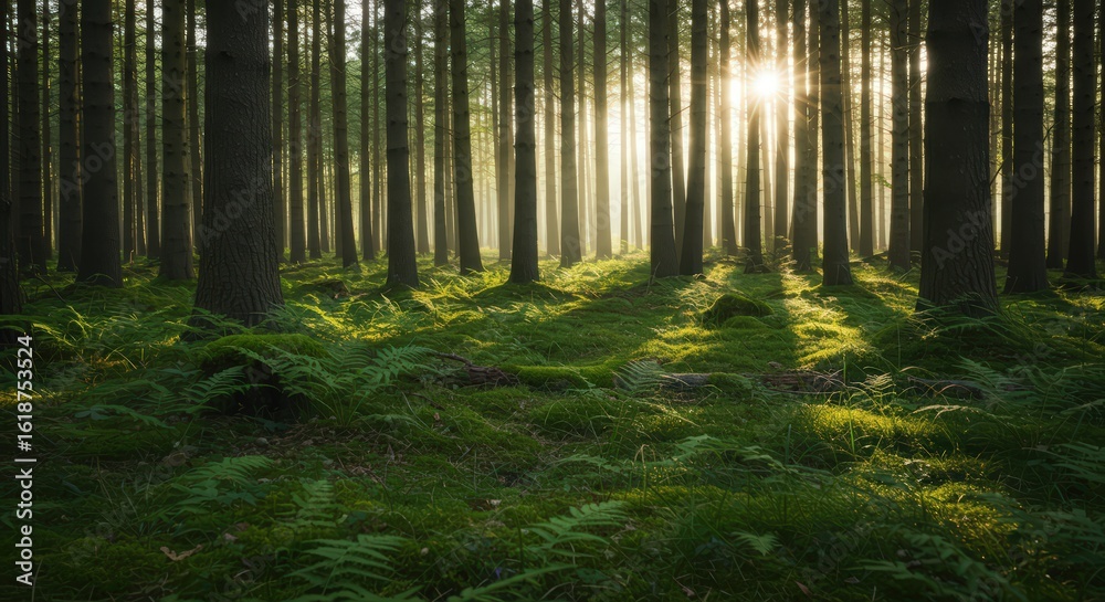 Obraz premium Sunlight through forest trees