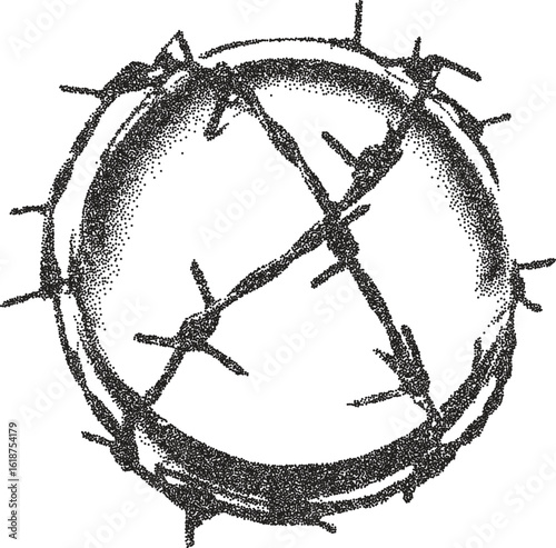 Wire barbed vintage y2k stipple art, steel halftone stipple brutalist retro vector png with transparent background, razor 2000s aesthetic photocopy effect tattoo