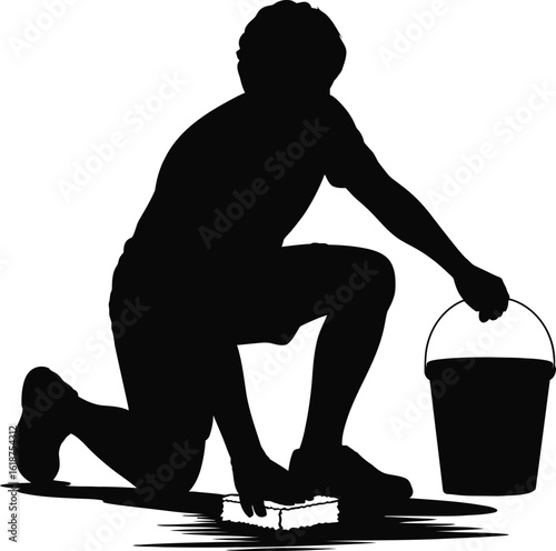 Silhouette of Person Kneeling and Cleaning Floor with Bucket and Sponge on White Background