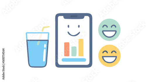 Track daily water intake with phone app and monitor mood with smiley face icons for health and wellness