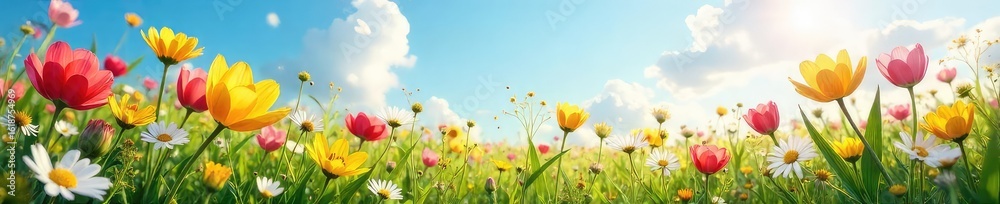 Fototapeta premium A vibrant meadow bursting with wildflowers in full bloom under a bright spring sky, embodying carefree joy and the season's renewal , sunlight, growth