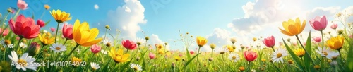 A vibrant meadow bursting with wildflowers in full bloom under a bright spring sky, embodying carefree joy and the season's renewal , sunlight, growth