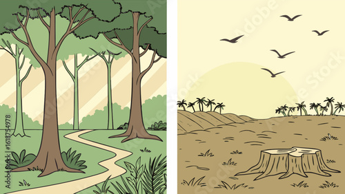 Deforestation impact illustration showing forest loss and environmental damage with tree stump and birds flying