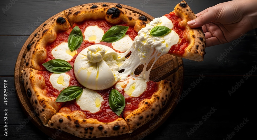 Fototapeta premium Hand Lifting Neapolitan Burrata Pizza Slice, Cheese Pull
