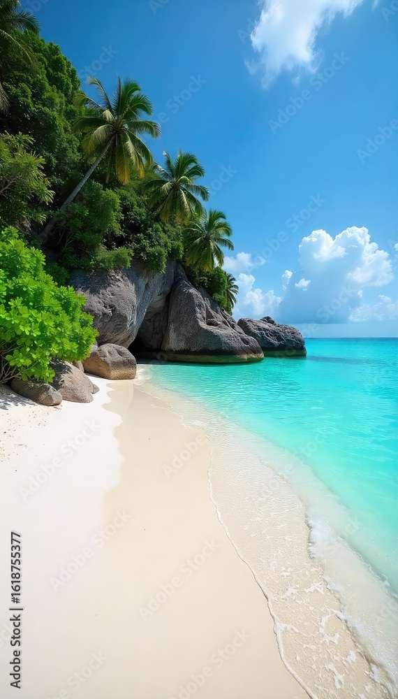 Fototapeta premium Serene, secluded beach with pristine white sand and turquoise water, untouched and tranquil Perfect for relaxation and escape , turquoise water, tropical beach