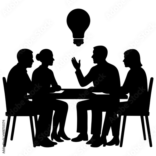 Group brainstorming at table silhouette art with white background 