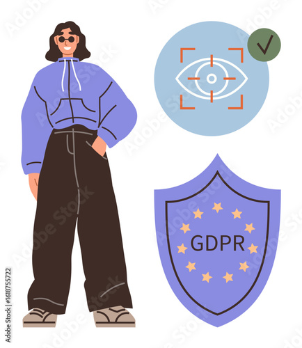 Confident person smiling, secure eye recognition with checkmark icon, GDPR compliance shield. Ideal for data privacy, security, compliance, technology, regulation, user empowerment personal data