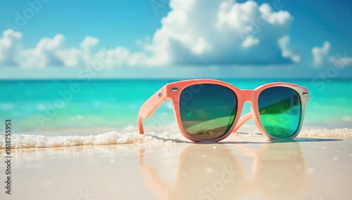 Fototapeta Naklejka Na Ścianę i Meble -  Relaxing on a pristine Caribbean beach, stylish sunglasses reflect the vibrant turquoise water and bright sun Perfect for travel, vacation, and summer themes , beach, sky