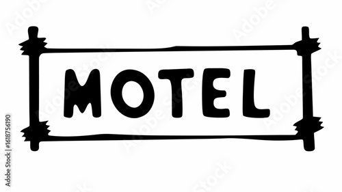 Illustration of a framed motel sign with a rustic border and bold black lettering on a white background silhouette