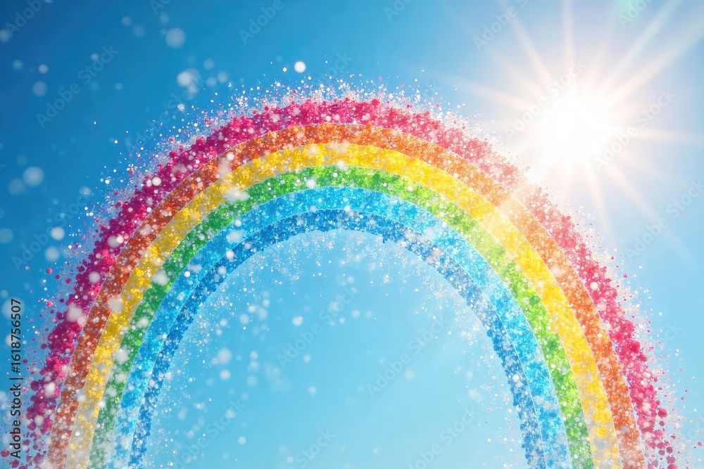 Obraz premium Vibrant rainbow sprinkler sprays water high in the air, creating a joyful, colorful arc against a bright sunny sky Perfect for summer, fun, and playful themes , garden, movement, outdoor fun