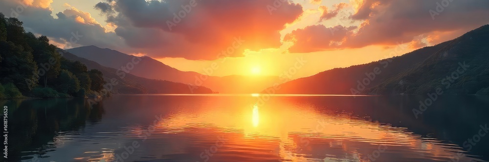 Fototapeta premium Vibrant sunrise over a tranquil lake, reflecting golden light and peaceful atmosphere; perfect for concepts of serenity, joy and contentment , natural, quiet