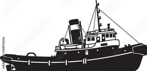 Black and white vector graphic of a classic harbor tugboat with a smokestack and mast
