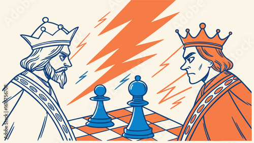 A dramatic chess game illustration depicting two kings facing off with lightning bolts in the background, symbolizing a fierce competition and battle for power and leadership on the chessboard