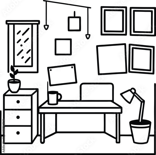 dorm with posters nightstand and cup of tea