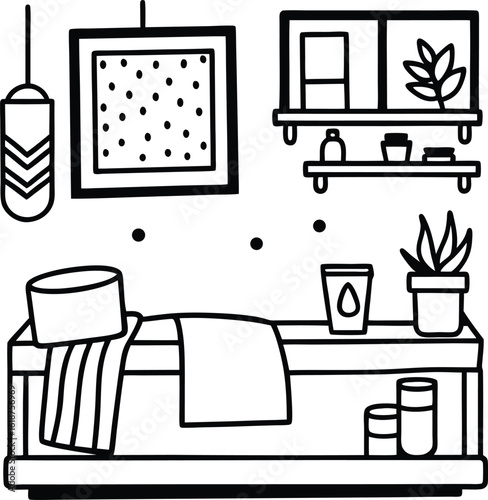 dorm with posters small desk and cup of tea