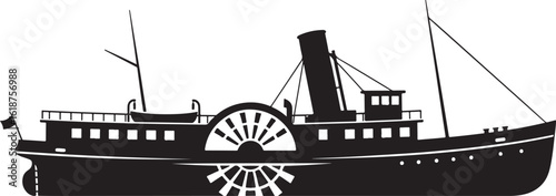 Monochrome silhouette of a historic sidewheel steamboat with its reflection