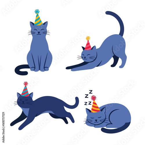 Set of four cute blue cats wearing party hats, showing different activities like playing, stretching, and sleeping