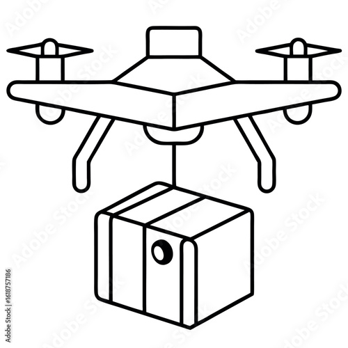 Black Outline Drone Delivering Package Vector Graphic