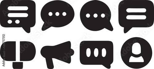 Isolated black speaking icons, microphone, loudspeaker, speech bubble, talking face, podium, voice, recording, public speaking, conversation, chat, sound wave, debate, press conference, communication 
