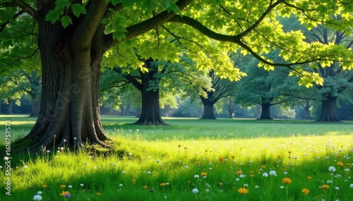 Sun-dappled beech trees canopy a lush green meadow, wildflowers scattered amongst the smooth, grey bark Perfect for nature, spring, or woodland themes , forest, landscape, flora