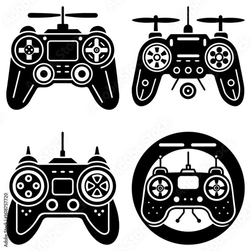 Illustration featuring four stylized black and white drone controllers with varying designs and details shown