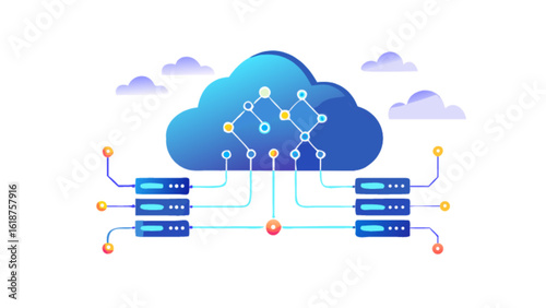 Cloud computing network diagram showing data servers and cloud infrastructure connectivity solution