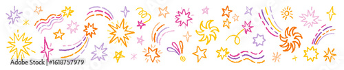 Star and firework crayon hand drawn background. Star color pattern. Crayon pencil doodle line firework comet illustration. Universe sparkle vector with pencil texture. Light pastel chalk magic kid bg