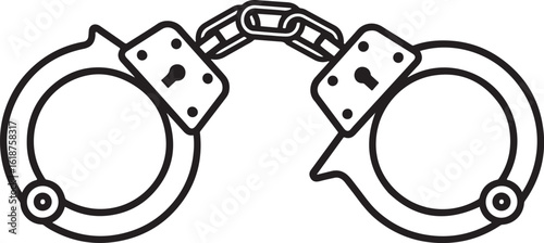 Graphic vector illustration of linked metal handcuffs with keyholes and rivets