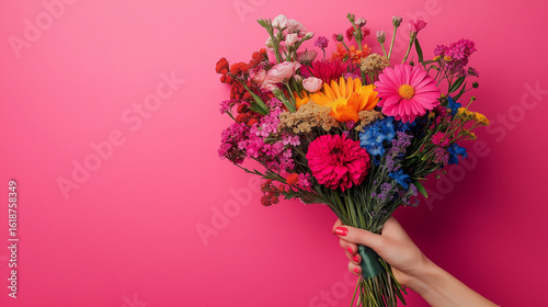 Floral Strength Woman Holding Flowers on Pink Background