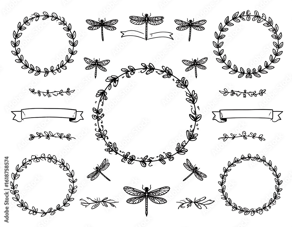 Obraz premium Hand-drawn floral and dragonfly design elements