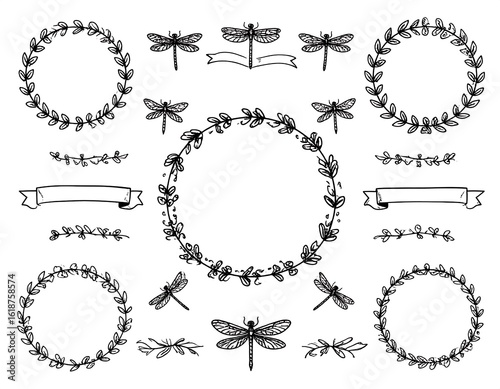 Hand-drawn floral and dragonfly design elements