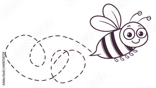A cute cartoon bee with stripes is flying and leaving a dotted line trail behind, isolated on white background, showcasing a happy and whimsical insect illustration