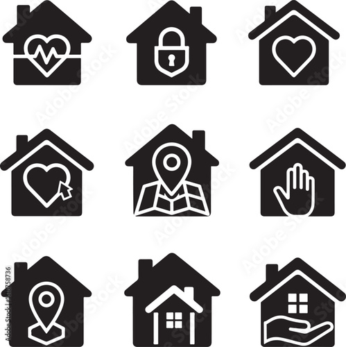 Set of nine black house glyph icons representing home concepts like safety health location and real estate
