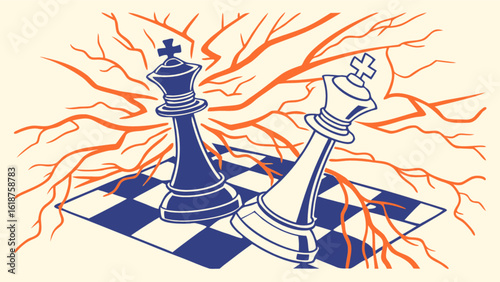 Two chess kings face each other on a checkered board, with an abstract background of branching lines, symbolizing strategy, competition, and intellectual challenge in the game of chess