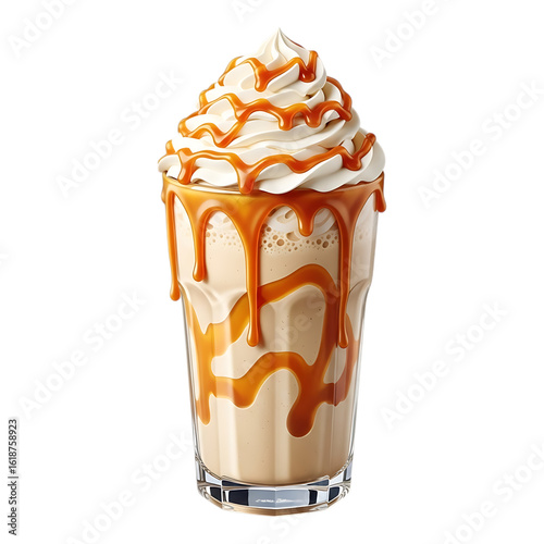 Delicious caramel frappuccino coffee drink with whipped cream isolated on transparent background