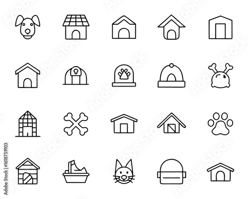 Collection of canine dwelling symbols dog house kennel and cottage graphics for pet related projects
