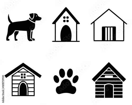 Collection of canine dwelling symbols featuring dog houses kennels and cozy cottages for pet related themes