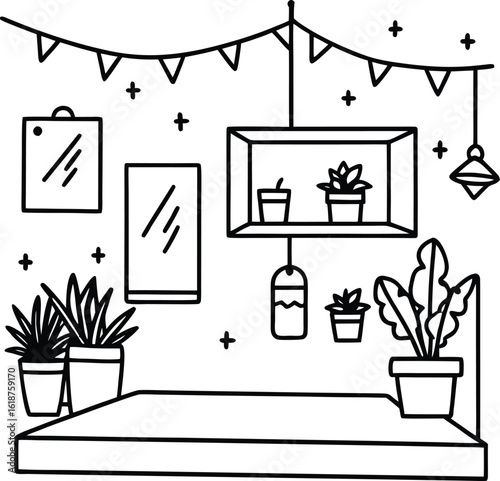 dorm with string lights posters and potted plants