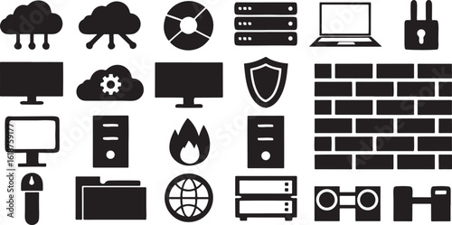Isolated black cloud server and data storage icons, firewall, upload, download, processor, dashboard, internet system, network cable, router, software maintenance for hosting and tech visuals