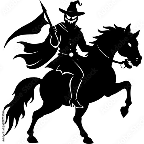 Black silhouette headless horseman riding rearing horse